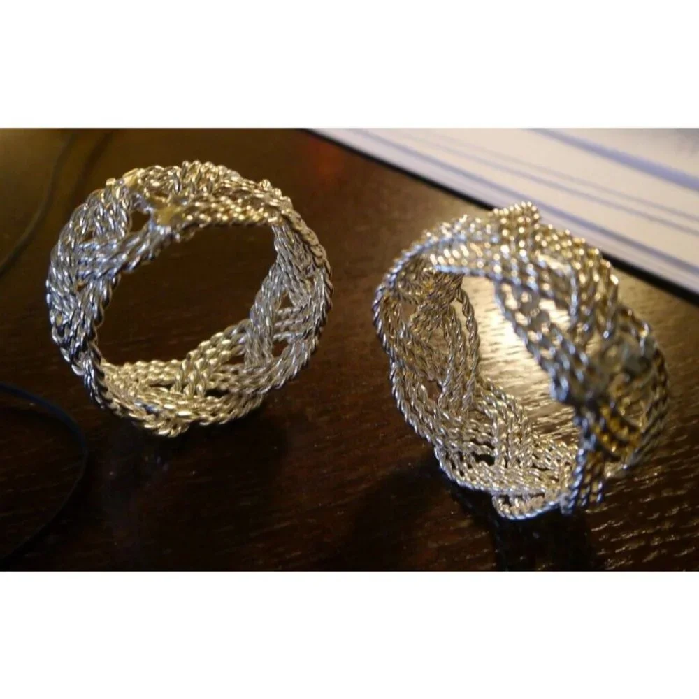 (4) Napkin Rings Nautical Braided Twisted Rope Style Vintage Wire Silver Tone